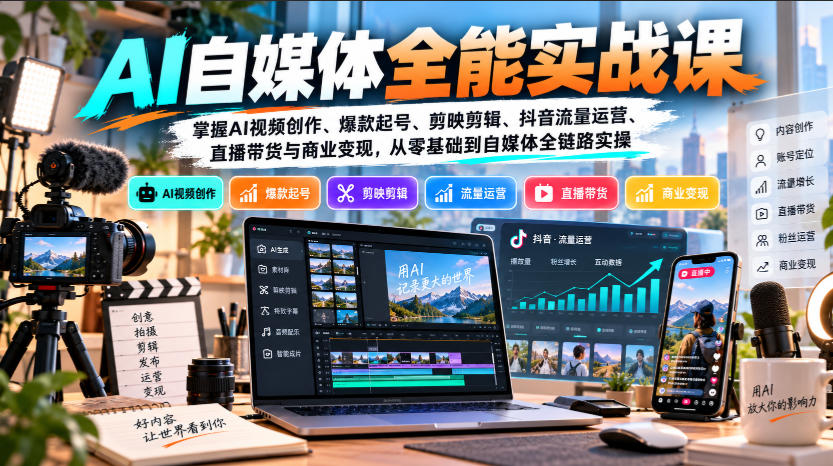 【无水印】AI自媒体全能实战课，掌握AI视频创作、爆款起号、剪映剪辑、抖音流量运营、直播带货与商业变现，从零基础到自媒体全链路实操-网创之家