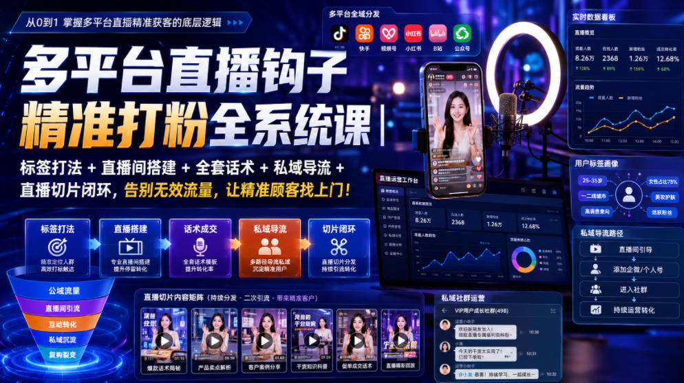 多平台直播钩子精准打粉全系统课｜标签打法+直播间搭建+全套话术+私域导流+直播切片闭环，告别无效流量，让精准顾客找上门！-网创之家