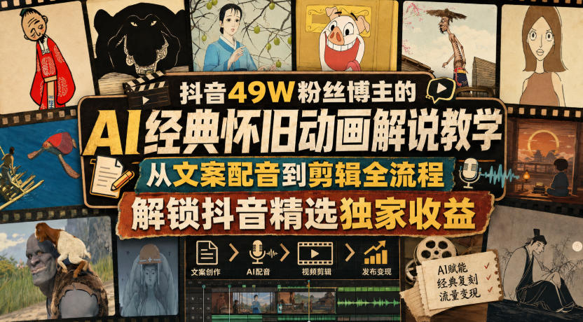 抖音49W粉丝博主的AI经典怀旧动画解说教学，从文案配音到剪辑全流程，解锁抖音精选独家收益-网创之家