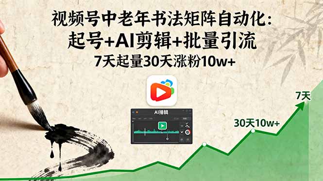 视频号中老年书法矩阵自动化：起号+AI剪辑+批量引流 7天起量30天涨粉10w+-网创之家
