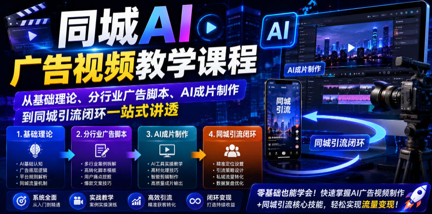 同城AI广告视频教学课程，从基础理论、分行业广告脚本、AI成片制作到同城引流闭环一站式讲透-网创之家