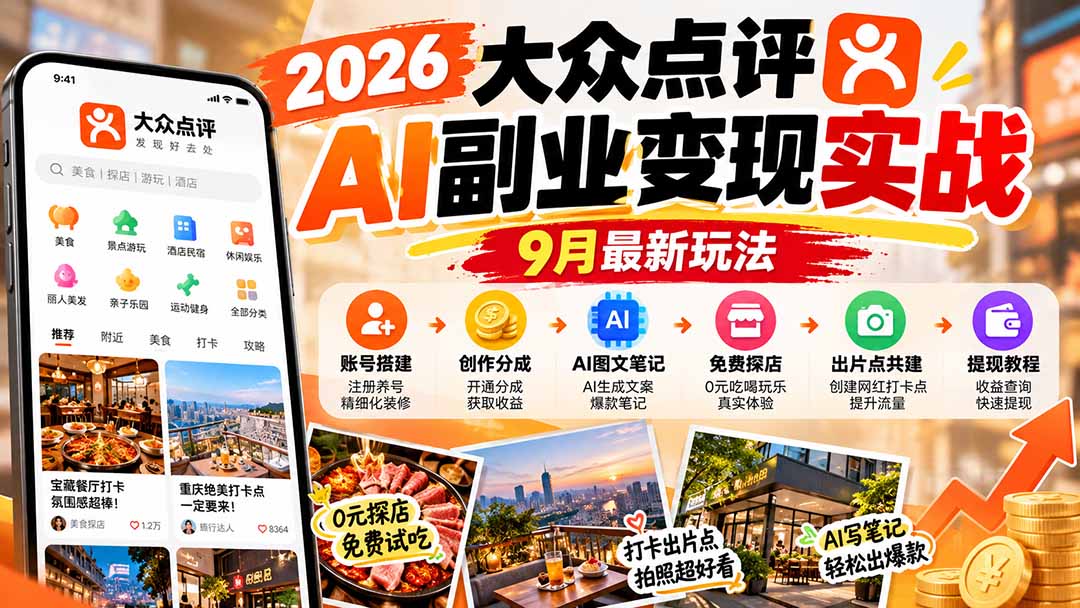 2026大众点评AI副业变现实战9月最新玩法:账号搭建+创作分成+AI图文笔记+免费探店+出片点共建与提现教程-网创之家