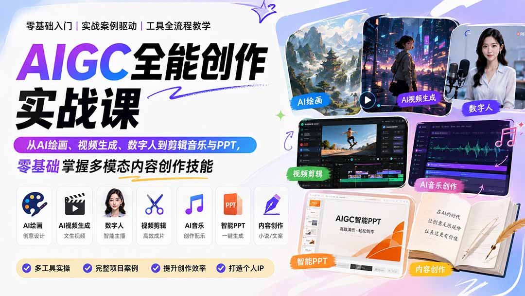 AIGC全能创作实战课：从AI绘画、视频生成、数字人到剪辑音乐与PPT，零基础掌握多模态内容创作技能-网创之家