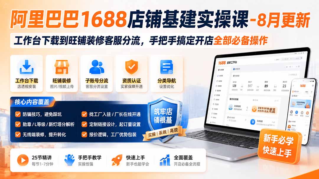 阿里巴巴1688店铺基建实操课-8月更新；工作台下载到旺铺装修客服分流，手把手搞定开店全部必备操作-网创之家