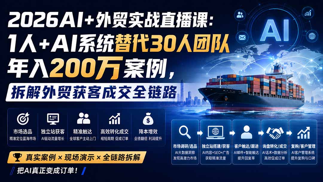 2026AI+外贸实战直播课：1人+AI系统替代30人团队年入200万案例，拆解外贸获客成交全链路-网创之家