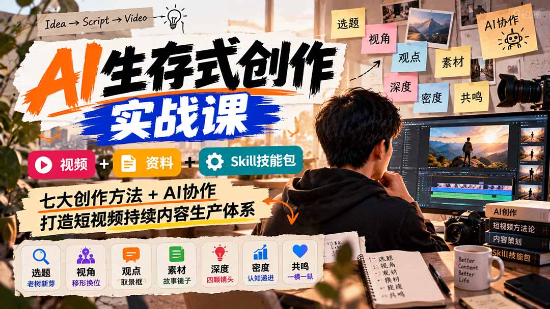 AI生存式创作实战课：视频+资料+Skill技能包，七大创作方法+AI协作，打造短视频持续内容生产体系-网创之家