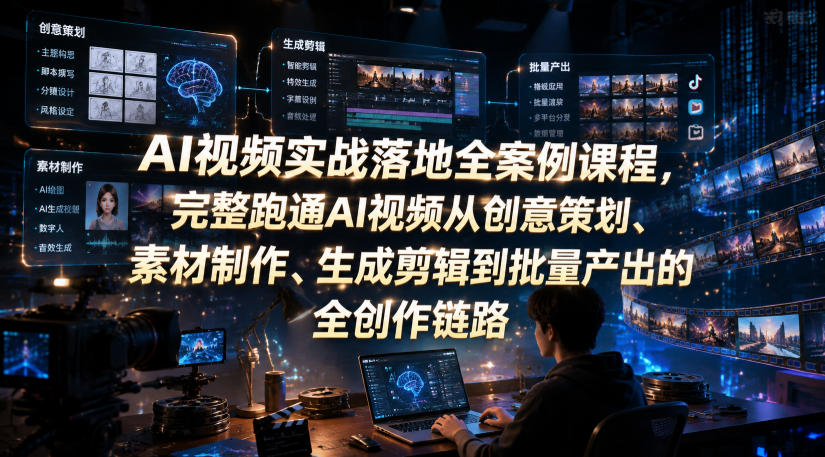 AI视频实战落地全案例课程，完整跑通AI视频从创意策划、素材制作、生成剪辑到批量产出的全创作链路-网创之家