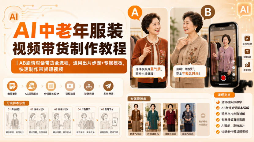 AI中老年服装视频带货制作教程｜AB剧情对话带货全流程，通用出片步骤+专属模板，快速制作带货短视频-网创之家