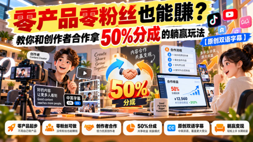 【无水印】零产品零粉丝也能賺?教你和创作者合作拿50%分成的躺赢玩法【原创双语字幕】-网创之家