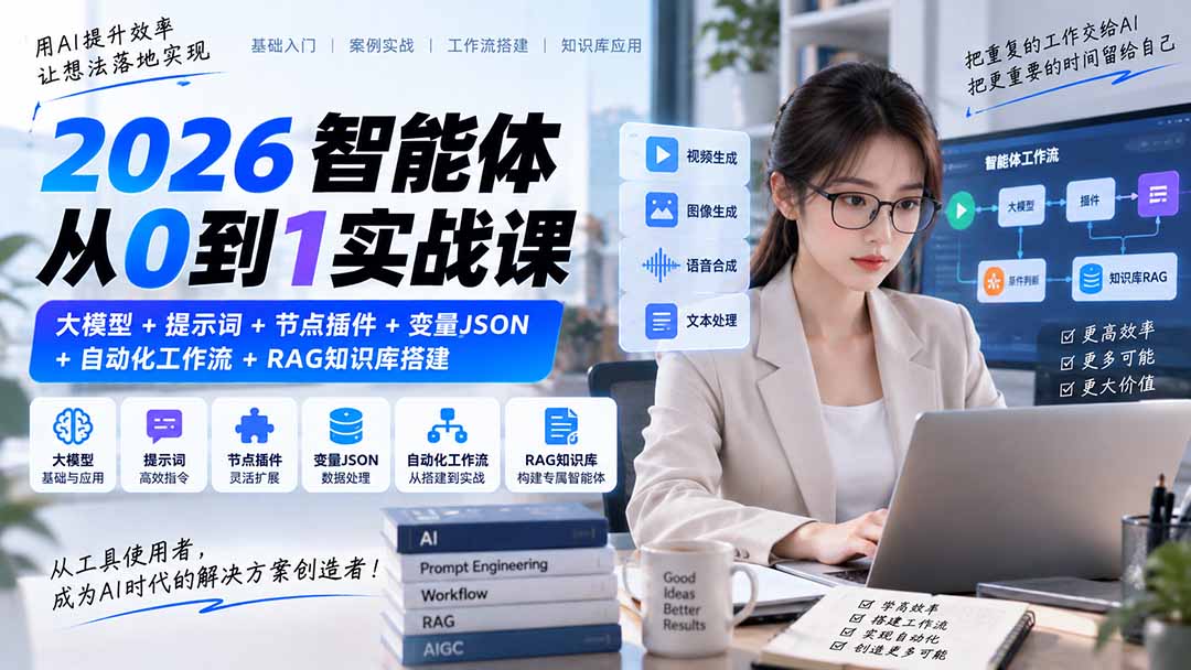 2026智能体从0到1实战课｜大模型+提示词+节点插件+变量JSON+自动化工作流+RAG知识库搭建-网创之家