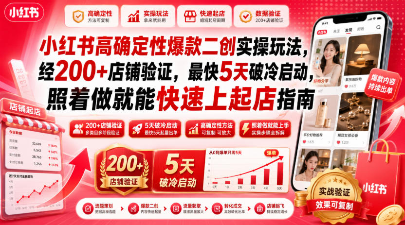 小红书高确定性爆款二创实操玩法，经200+店铺验证，最快5天破冷启动，照着做就能快速上起店指南-网创之家
