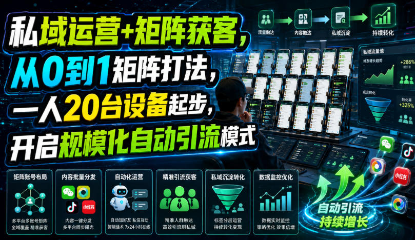 私域运营+矩阵获客，从0到1矩阵打法，一人20台设备起步，开启规模化自动引流模式！-网创之家