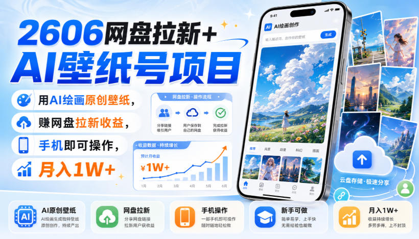 2606网盘拉新+AI壁纸号项目，用AI绘画原创壁纸，賺网盘拉新收益，手机即可操作，月入1W+-网创之家