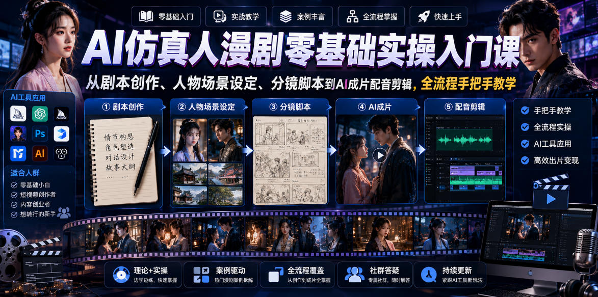 AI仿真人漫剧零基础实操入门课，从剧本创作、人物场景设定、分镜脚本到AI成片配音剪辑，全流程手把手教学-网创之家