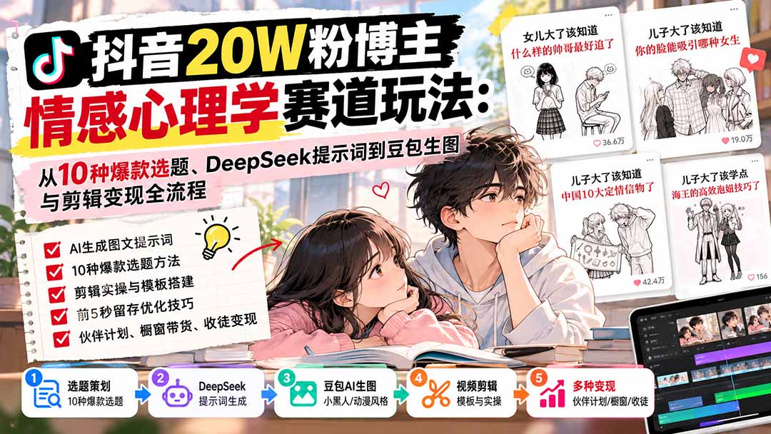 抖音20W粉博主-情感心理学赛道玩法：从10种爆款选题、DeepSeek提示词到豆包生图与剪辑变现全流程-网创之家
