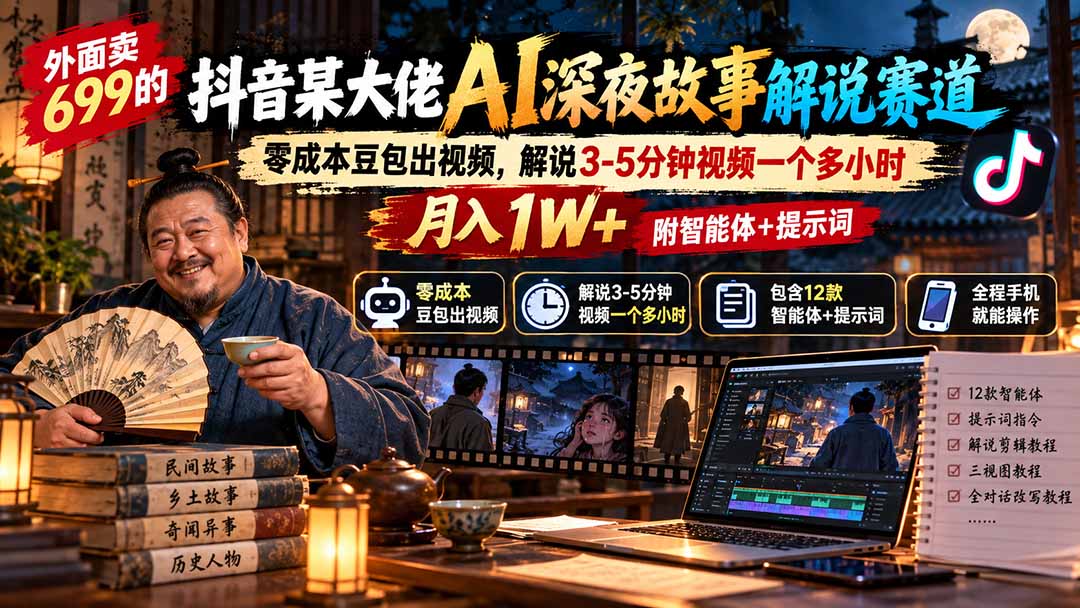 外面卖699抖音某大佬AI深夜故事解说赛道-更新：0成本豆包出视频+解说3-5分钟视频一个多小时，月入1W+附智能体+提示词-网创之家