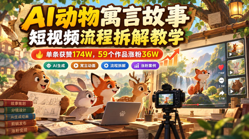 AI动物寓言故事短视频流程拆解教学，单条获赞174W，59个作品涨粉36W-网创之家
