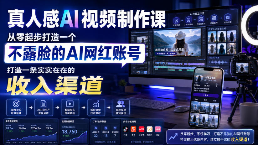真人感AI视频制作课，从零起步打造一个不露脸的AI网红账号，打造一条实实在在的收入渠道【原创双语字幕】-网创之家
