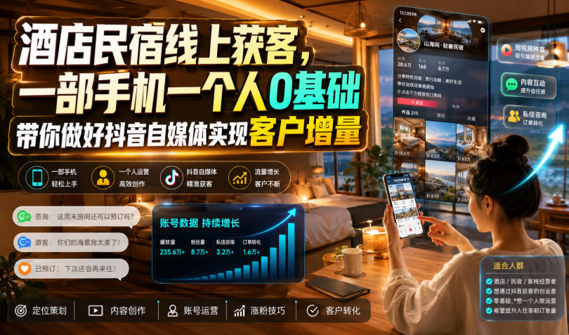 酒店民宿线上获客，一部手机一个人0基础带你做好抖音自媒体实现客户增量-网创之家