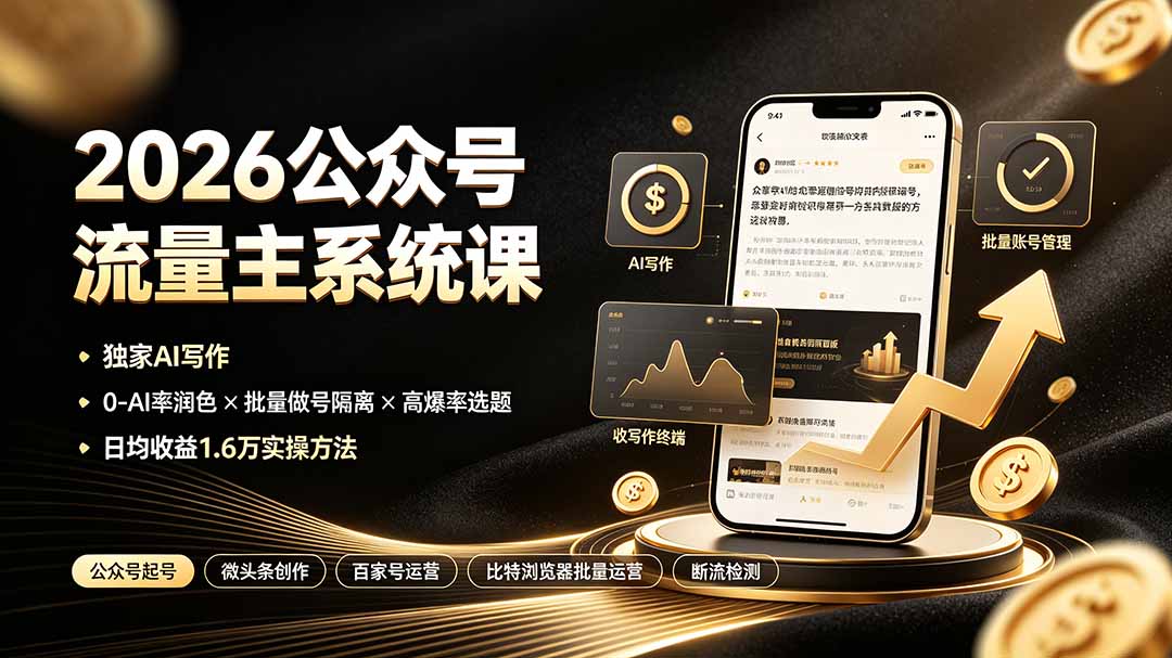 2026公众号流量主系统课：独家AI写作×0-AI率润色×批量做号隔离×高爆率选题，日均收益1.6万实操方法-网创之家