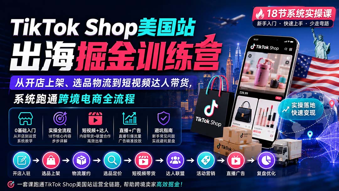 TikTok Shop美国站出海掘金训练营：从开店上架、选品物流到短视频达人带货，系统跑通跨境电商全流程-网创之家