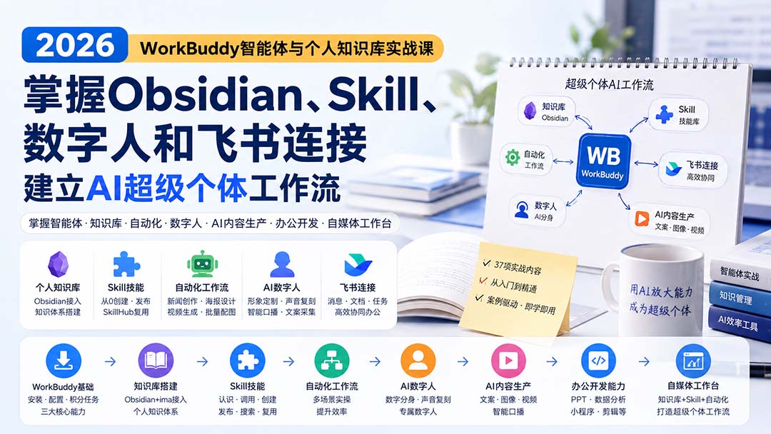 2026 WorkBuddy智能体与个人知识库实战课：掌握Obsidian、Skill、数字人和飞书连接，建立AI超级个体工作流-网创之家