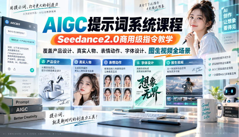 AIGC提示词系统课程，Seedance2.0商用级指令教学，覆盖产品设计、真实人物、表情动作、字体设计、图生视频全场景-网创之家