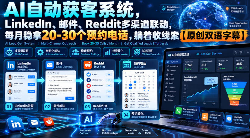 【无水印】AI自动获客系统，LinkedIn、邮件、Reddit多渠道联动，每月稳拿20-30个预约电话，躺着收线索【原创双语字幕】-网创之家