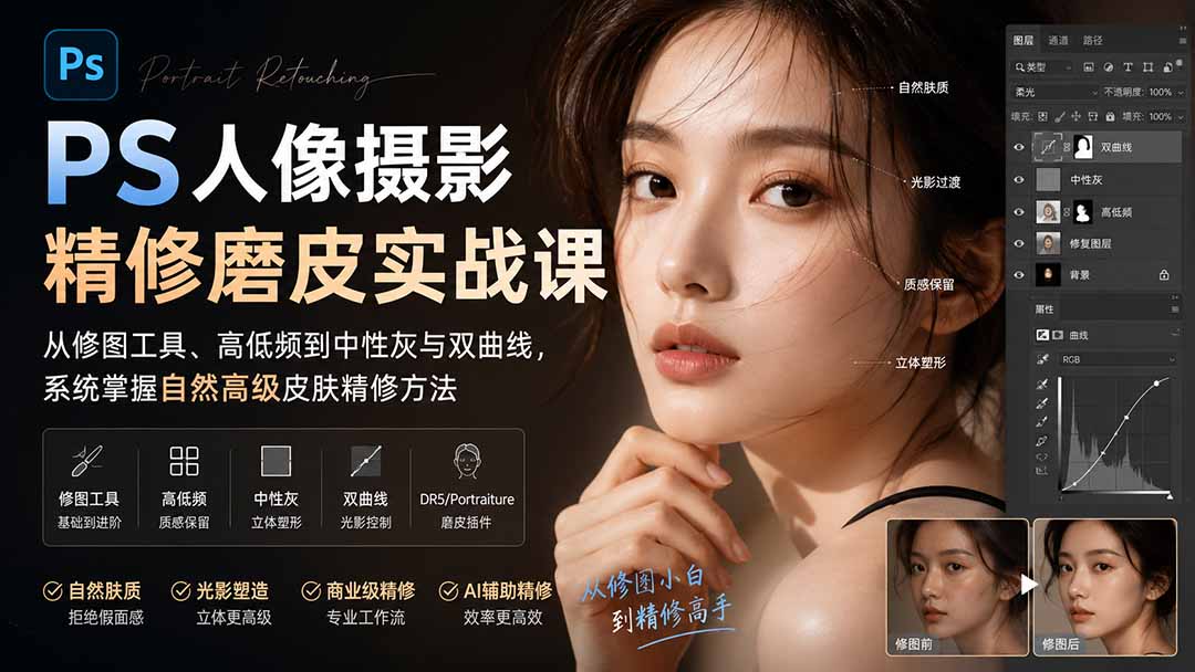 PS人像摄影精修磨皮实战课：从修图工具、高低频到中性灰与双曲线，系统掌握自然高级皮肤精修方法-网创之家