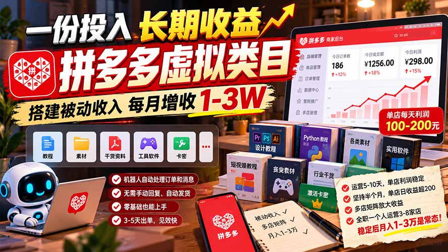 一份投入长期收益，拼多多虚拟类目，搭建被动收入每月增收 1-3W-网创之家