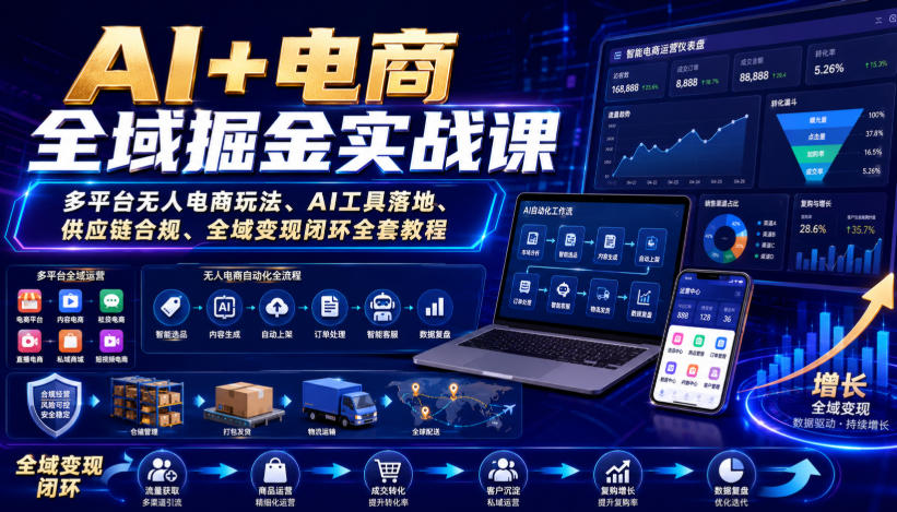 AI+电商全域掘金实战课|多平台无人电商玩法、AI工具落地、供应链合规、全域变现闭环全套教程-网创之家