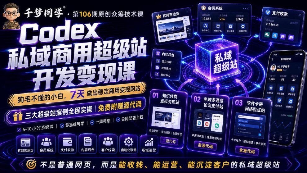 Codex私域商用超级站Ai开发变现课，7天带你从零基础到能自己动手做出能收钱、能运营、能沉淀客户的私域超级站-网创之家