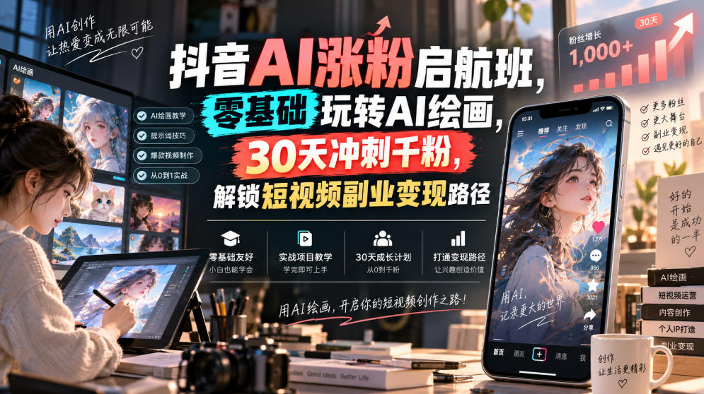 抖音AI涨粉启航班，零基础玩转AI绘画，30天冲刺千粉，解锁短视频副业变现路径-网创之家