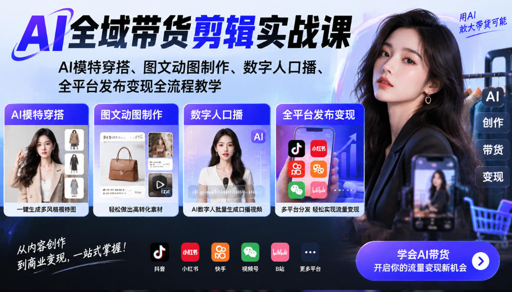 AI全域带货剪辑实战课|AI模特穿搭、图文动图制作、数字人口播、全平台发布变现全流程教学-网创之家