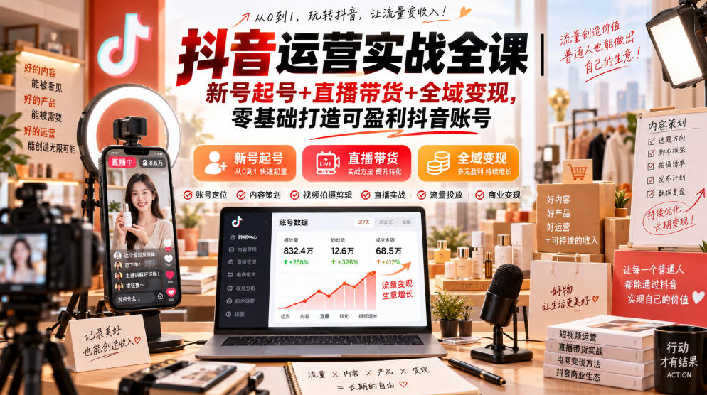 抖音运营实战全课｜新号起号+直播带货+全域变现，零基础打造可盈利抖音账号-网创之家