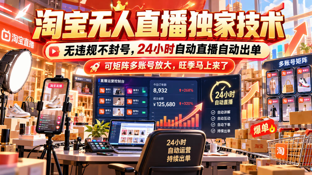 淘宝无人直播独家技术，无违规不封号，24小时自动直播自动出单，可矩阵多账号放大，旺季马上来了【揭秘】-网创之家