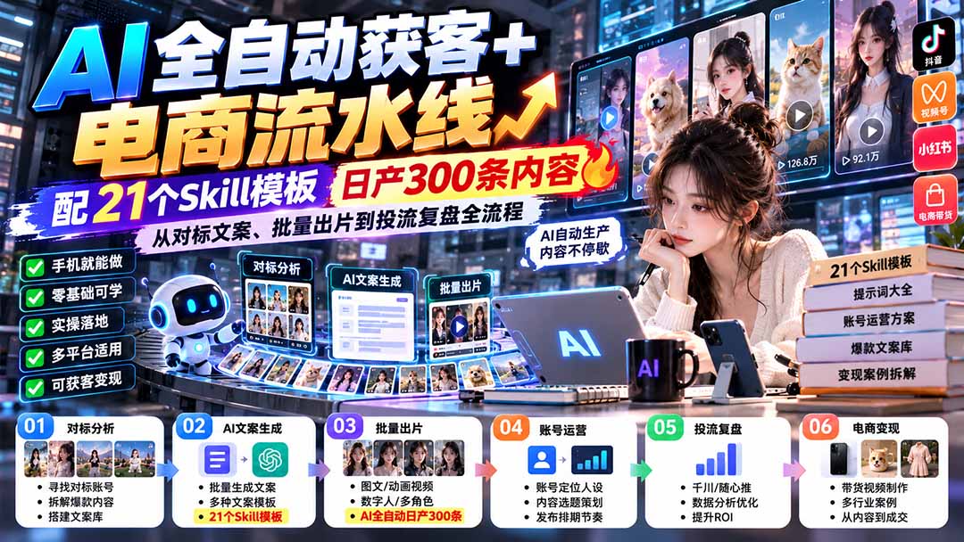 【无水印】AI全自动获客+电商流水线：配21个Skill模板，日产300条内容，从对标文案、批量出片到投流复盘全流程-网创之家