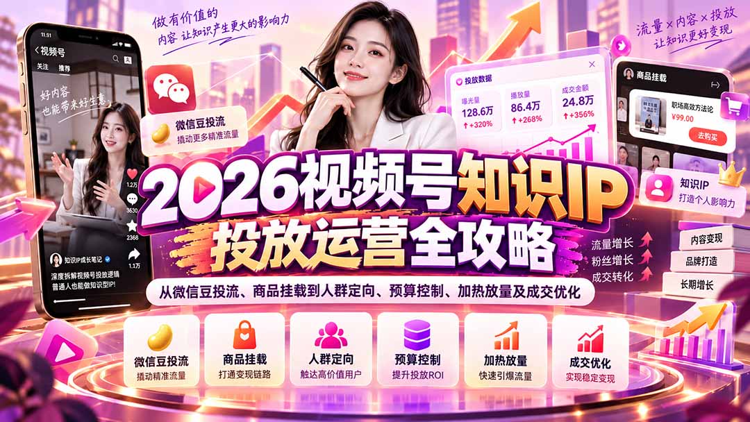 2026视频号知识IP投放运营全攻略：从微信豆投流、商品挂载到人群定向、预算控制、加热放量及成交优化-网创之家