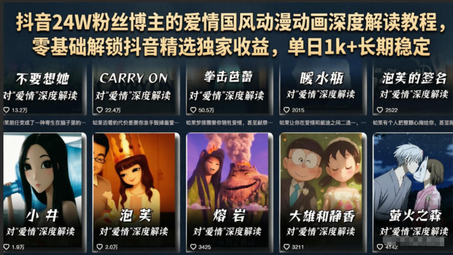 抖音24W粉丝博主的爱情国风动漫动画深度解读教程，零基础解锁抖音精选独家收益，单日1k+长期稳定-网创之家