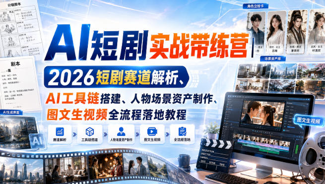 AI短剧实战带练营｜2026短剧赛道解析、AI工具链搭建、人物场景资产制作、图文生视频全流程落地教程-网创之家