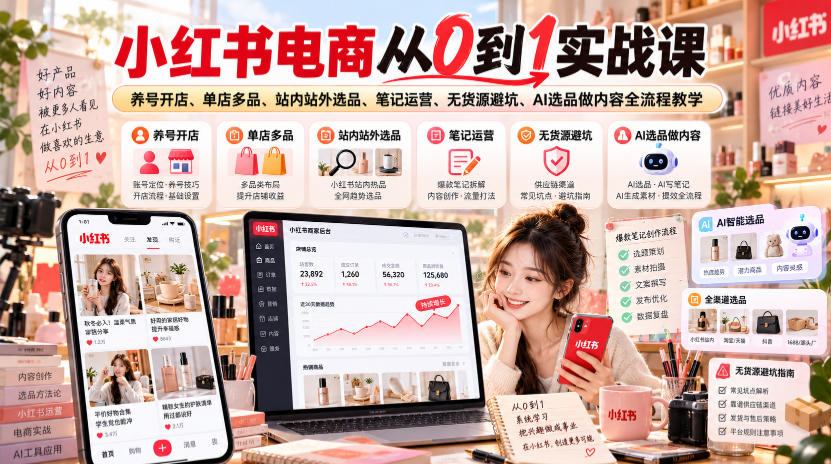 小红书电商从0到1实战课|养号开店、单店多品、站内站外选品、笔记运营、无货源避坑、AI选品做内容全流程教学-网创之家