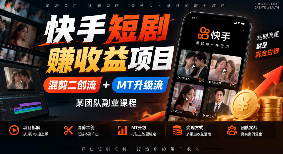 快手短剧賺收益项目，混剪二创流+MT升级流，某团队副业课程-网创之家