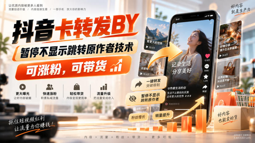 抖音卡转发搬运，暂停不显示跳转原作者技术，可涨粉，可带货-网创之家