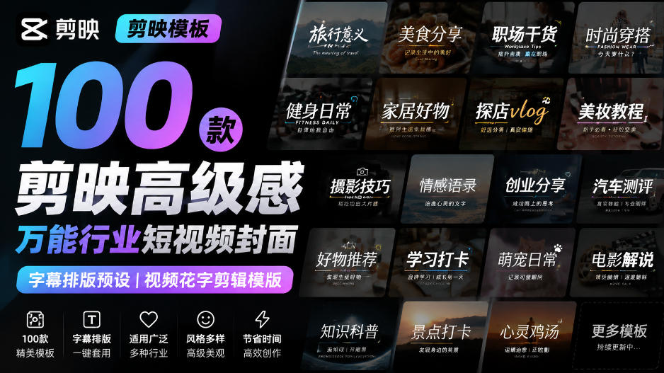 【剪映模板】100款剪映高级感万能行业短视频封面字幕排版预设视频花字剪辑模版-网创之家