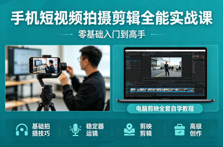 手机短视频拍摄剪辑全能实战课：零基础入门到高手，稳定器运镜+电脑剪映全套自学教程-网创之家