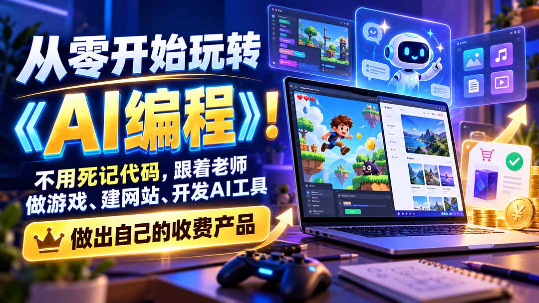 从零开始玩转《AI编程》！不用死记代码，跟着老师做游戏、建网站、开发AI工具，最后完成自己的收费产品-网创之家