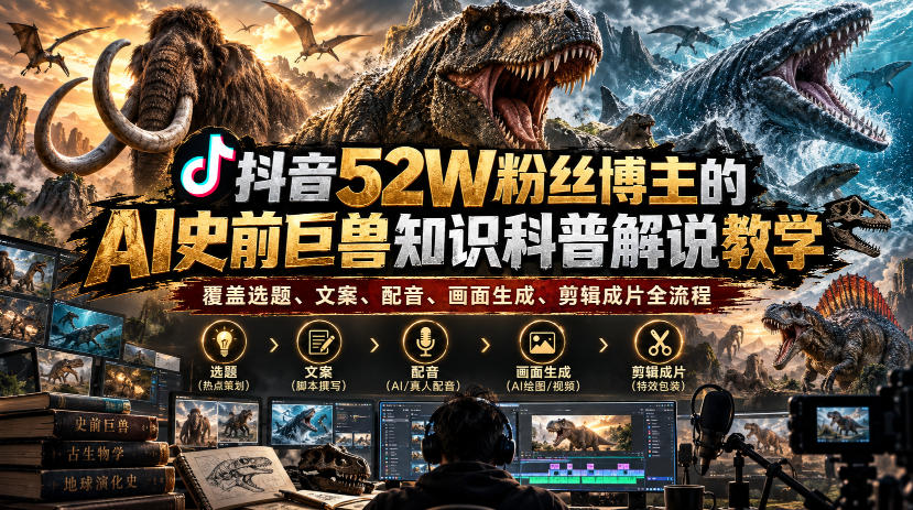 抖音52W粉丝博主的AI史前巨兽知识科普解说教学，覆盖选题、文案、配音、画面生成、剪辑成片全流程-网创之家