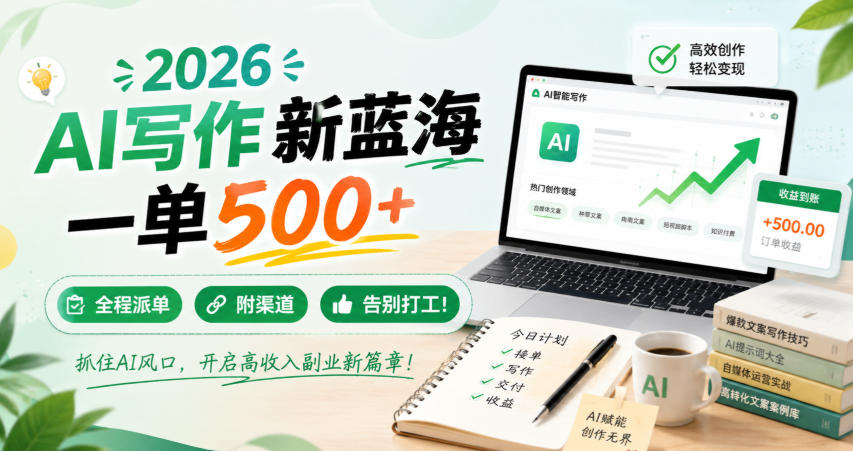 2026 AI写作新蓝海，一单500+，全程派单，附渠道，告别打工！【揭秘】-网创之家
