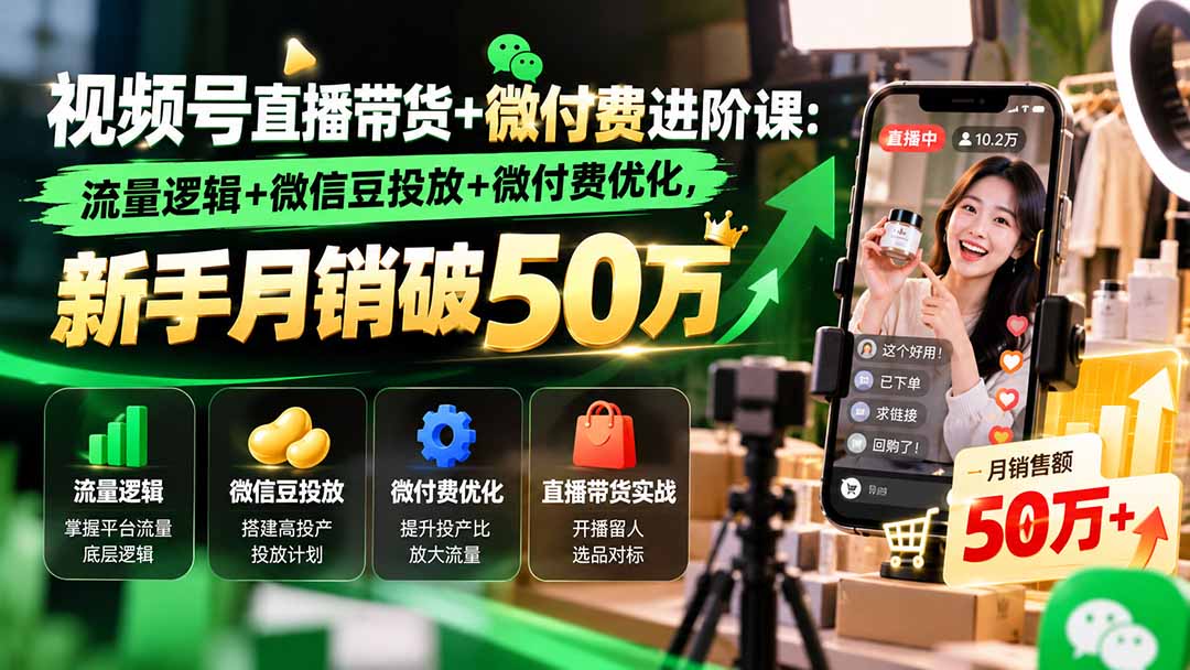 视频号直播带货+微付费进阶课-更新1010：流量逻辑+微信豆投放+微付费优化，新手月销破50万-网创之家