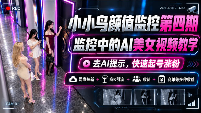 小小鸟颜值监控第四期，监控中的AI美女视频教学，去AI提示，快速起号涨粉，网盘拉新+商K引流+收徒+商单等多种收益-网创之家